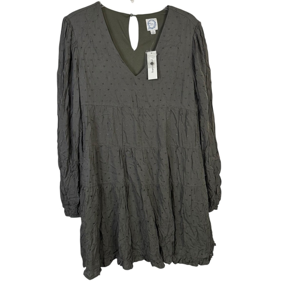 Blue Rain Francesca's Women‎ Dress S Olive Green Peasant Gypsy Swiss Dots Lined